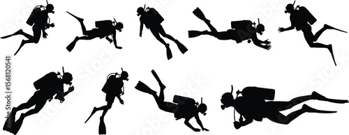 Dynamic scuba diver silhouettes in various underwater swimming and exploration poses, illustrating adventure, marine life, and aquatic sports, perfect for ocean and travel concepts.