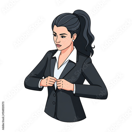 Confident businesswoman adjusting blazer before meeting.