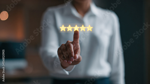 A person in formal attire is pressing a digital five-star rating icon with their finger, symbolizing customer feedback or quality evaluation.