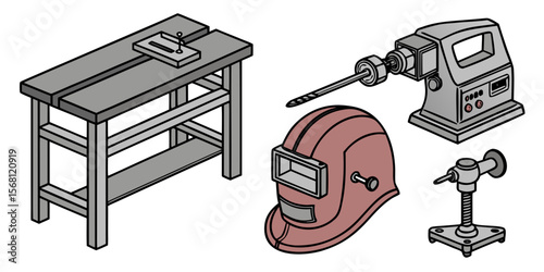 Illustration of metalworking tools including welding helmet drill press and workbench for metal shop use