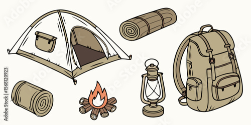 Camping gear illustration with tent backpack campfire lantern and sleeping bag for outdoor adventure trip