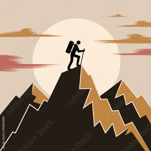 Hiker reaches mountain summit at sunrise