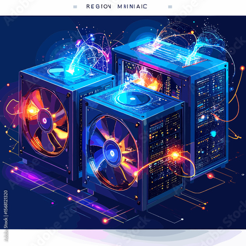 Isometric View of Three Computer Cases with Glowing Blue and Orange Lights Against a Dark Blue Background Featuring Advanced Technology and Connectivity