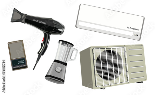 Flat vector set of household electronic devices including air conditioner, hair dryer, digital scale, and blender. Clean, minimal design for modern lifestyle content.