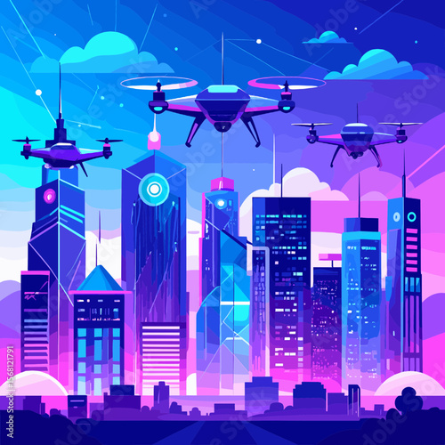 Pixel Art Cityscape Featuring Drones Flying over Violet and Blue Modern Skyscrapers Under Cloudy Gradient Sky