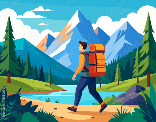 Pixel Art Hiker with Orange Backpack Walking on a Forest Trail with a River and Majestic Blue Mountains Under a Cloudy Sky