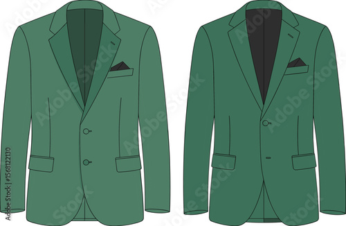 Stylish Green Tuxedo Jackets with Black Lapels, Minimalist Fashion Illustration for Bold Formal Attire flat vector illustration