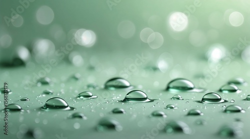 Natural soft mint green background with round water droplets scattered across the surface.