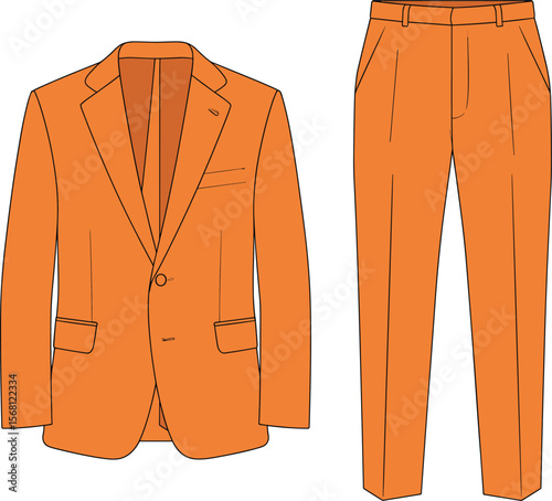 Stylish orange men's suit set, modern blazer and trousers design, elegant formal wear, fashion vector illustration, professional outfit look flat vector illustration