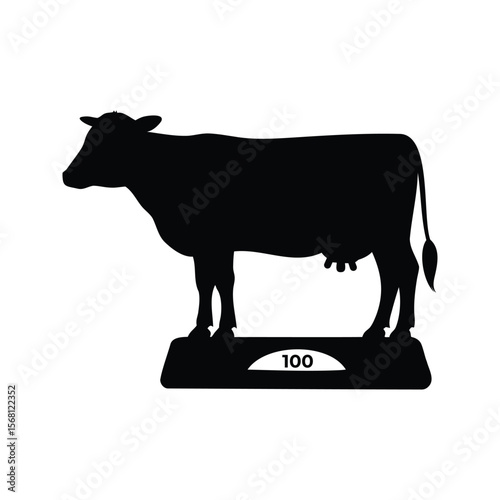 Silhouette of a dairy cow on a scale, weighing 100 units