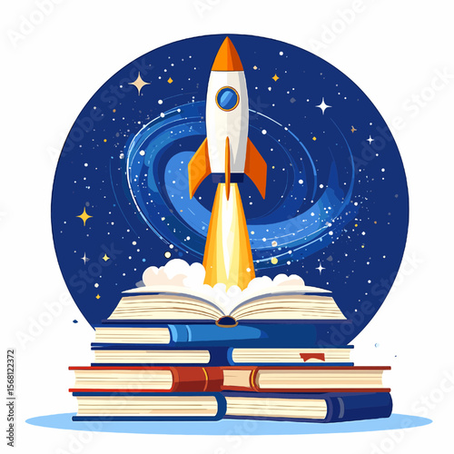 Rocket Launching From Open Book Among Stars and Blue Galaxies Symbolizing Education and Knowledge With Warm Color Palette