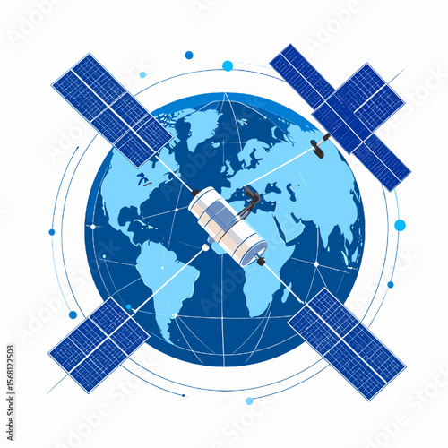 Satellite Orbiting Blue Earth Globe for Global Communication and Technology Network
