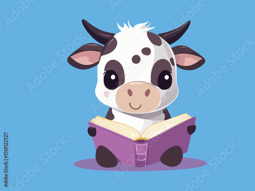 Adorable Cartoon Cow Reading a Book on a Blue Background