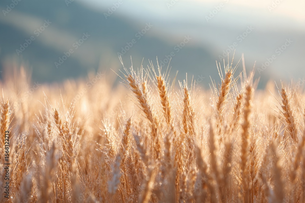 Obraz premium close-up of golden wheat stalks glistening after morning dew in field soft sunlight illuminating intricate grains