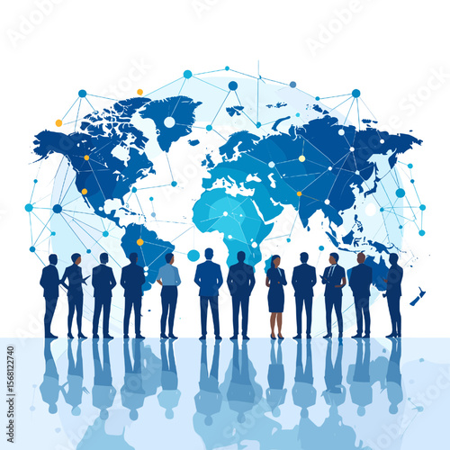 Silhouetted Business Team Stands Before a Blue World Map Network on White Background in Flat Style with Global Connection and Worldwide Corporate Strategy