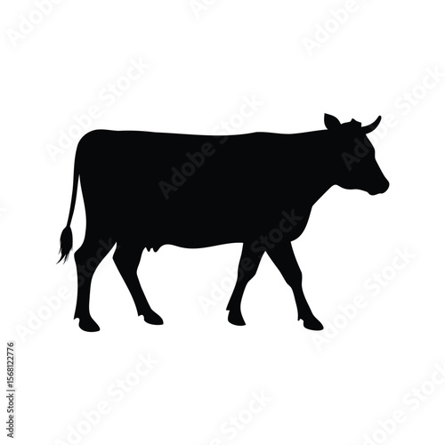 Silhouette of a cow walking across a white background in black color