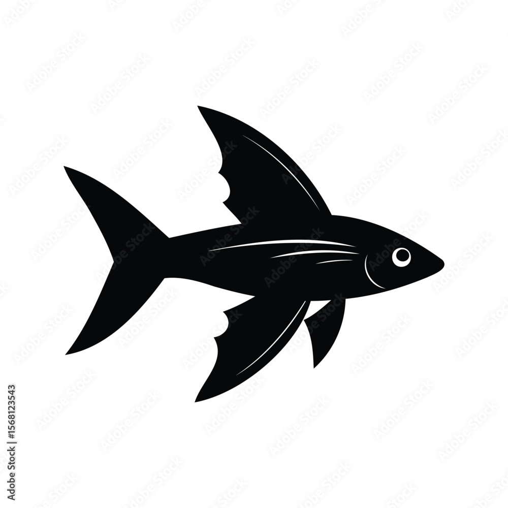 Fototapeta premium Elegant stylized black flying fish with large fins on a white background