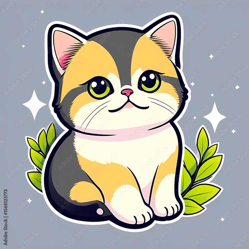 Obraz premium cute cartoon sticker art design of an adorable shorthair cat kitten - black, orange, and white calico kitty