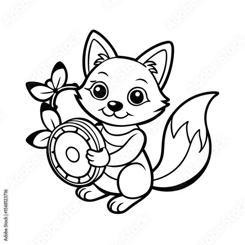 Fox Making Music with Tambourine Coloring Page