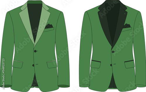 Vibrant Green Tuxedo Jackets with Black Lapels, Minimalist Fashion Illustration for Bold Formal Attire flat vector illustration