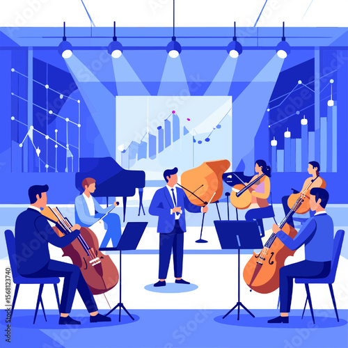 Symphony Orchestra Performing on Stage Under Spotlights with Strings and Piano Musical Presentation Against Graph Background