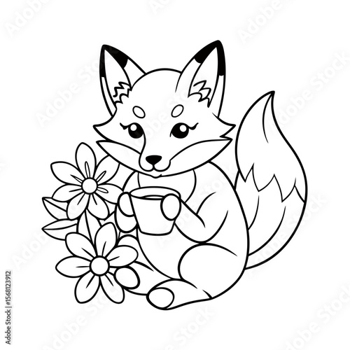 Fox Sipping Tea with Flowers Coloring Page