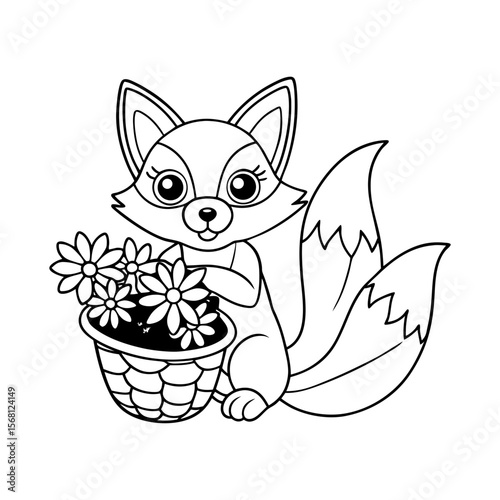 Fox with Basket of Flowers Coloring Page