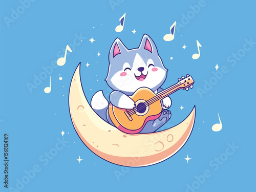 Cute Cartoon Dog Playing Guitar on the Moon with Musical Notes