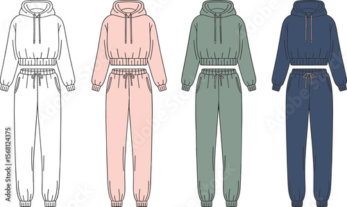 Women’s casual hoodie and jogger pants set, elastic waistband loungewear illustration, front view, fashion flat sketch, comfortable outfit flat vector illustration