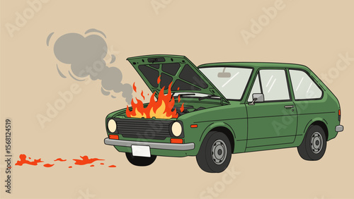 Retro Car Engine Fire - Illustration