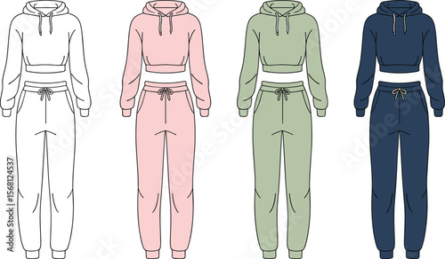 Women’s matching hoodie and sweatpants, fashion loungewear set illustration, casual cropped hoodie outfit, front view, vector fashion design template flat vector illustration