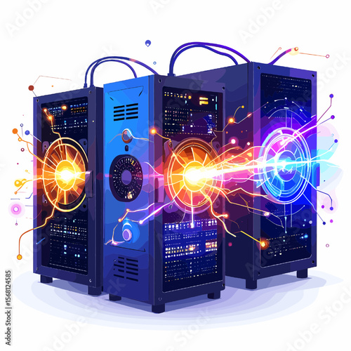 Three Data Servers in Blue with Glowing Lights and Energy Beams Conveying Technology with Network Storage on White Background
