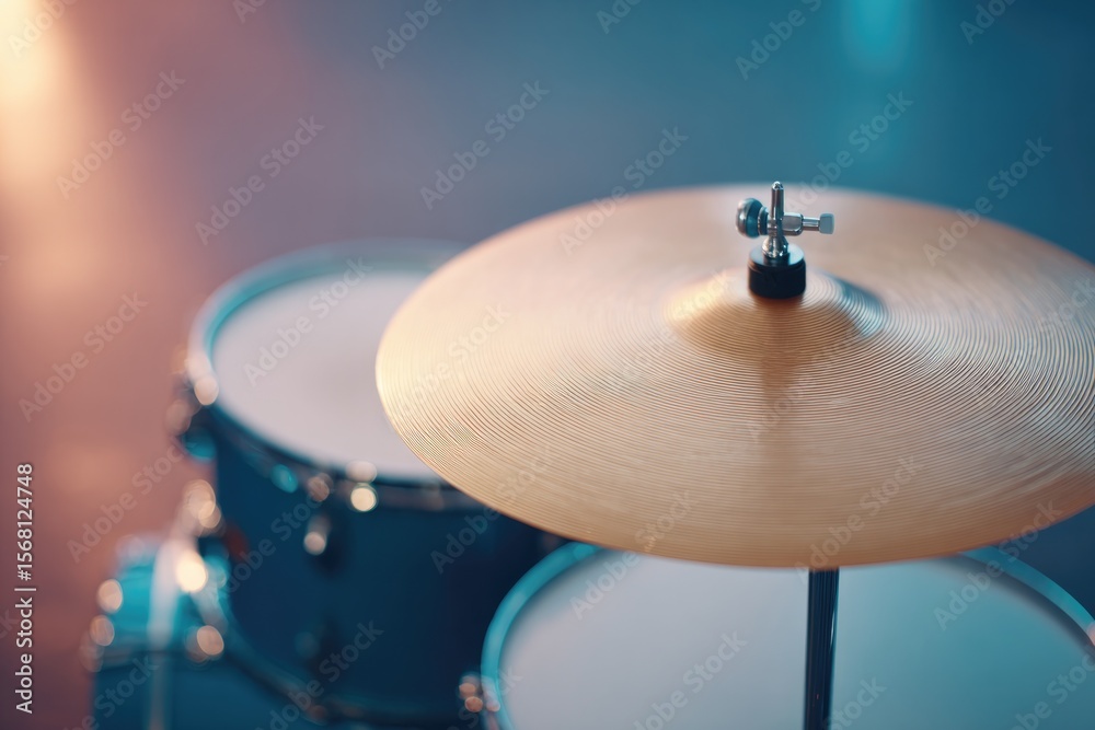 Obraz premium drone-overhead of drummer kit setup on stage before show begins top angles showing cymbals and snare geometry