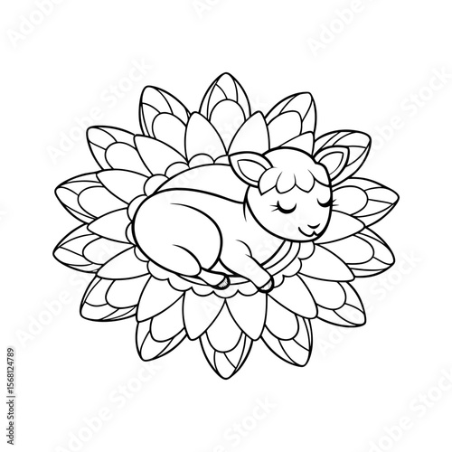 Lamb Sleeping on a Daisy Bed Coloring Page