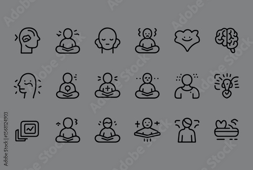 Collection of minimalist line art icons representing mental health concepts including meditation anxiety stress brain function and emotional well being