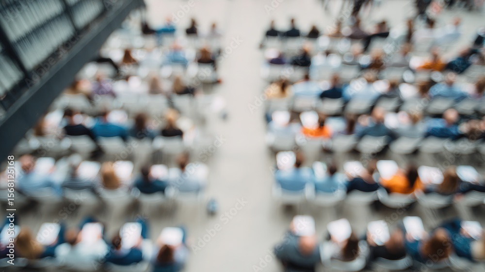 Obraz premium drone-view overhead of networking session at conference rows of white chairs and attendees holding notebooks focus