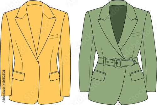 Yellow and green women’s blazer jackets design, fashionable formal wear, belted and classic styles, vector illustration for fashion industry use flat vector illustration