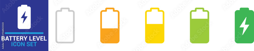 Modern battery level icon set with energy, charge, full, empty, low and power symbols. Perfect for mobile app, tech, charging station, renewable energy, and UI design projects. Modern battery level icon set with energy, charge, full, empty, low and power symbols. Perfect for mobile app, tech, charging station, renewable energy, and UI design projects.