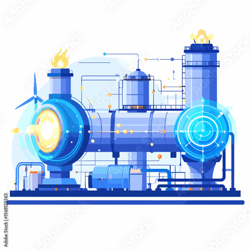 Vector Illustration of a Blue Industrial Plant With Flames and a Wind Turbine on a White Background