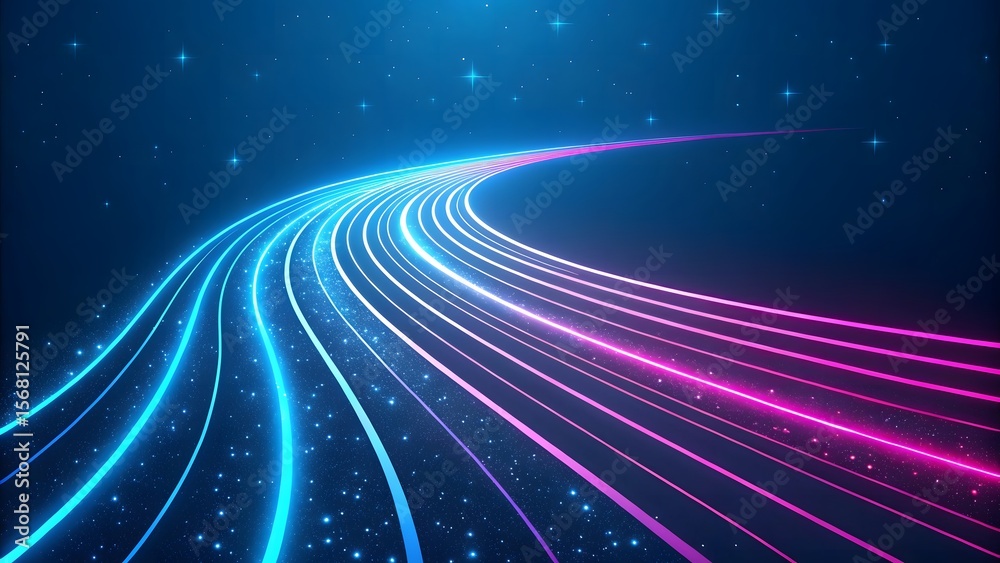Fototapeta premium Abstract glowing neon lines curve through a starry cosmic background.