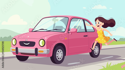 Joyful Girl Chasing Pink Retro Car on Sunny Road