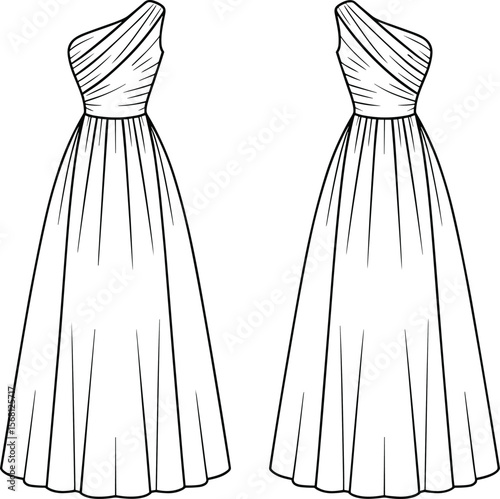 Elegant one‑shoulder evening gown technical fashion illustration, detailed ruched bodice, long pleated skirt, front and back view vector line art