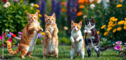 Four playful cats, two orange tabbies, one black and white, stand on hind legs in a vibrant garden,  garden,   sunshine