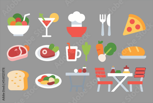 A collection of flat design icons representing various food and drink items including a salad cocktail chef hat cutlery pizza steak juice vegetables bread and outdoor dining furniture