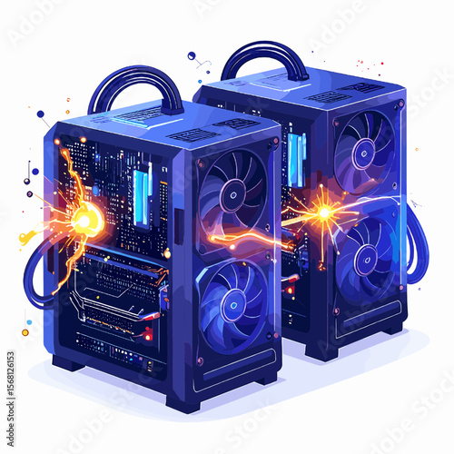 Two Dark Blue Computer Cases with Internal Electronic Components Isometric Pixel Art Style Illustration