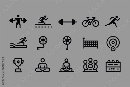 Collection of simple black outline icons representing various sports and fitness activities including weightlifting running cycling yoga meditation and teamwork on a gray background