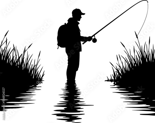 silhouette of fisherman with fishing rod, fishing, fisherman, silhouette, water, sunset, fish, lake, sport, sea, rod, boy, angler, leisure, beach, hobby, fisher, river, people, nature, ocean, angling,