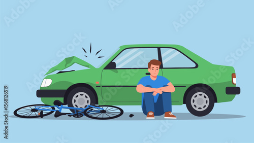 Man Sitting Near Damaged Car and Bicycle After Accident
