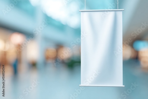 portrait mockup of double-sided ceiling-hung banner in mall corridor shoppers softly blurred behind