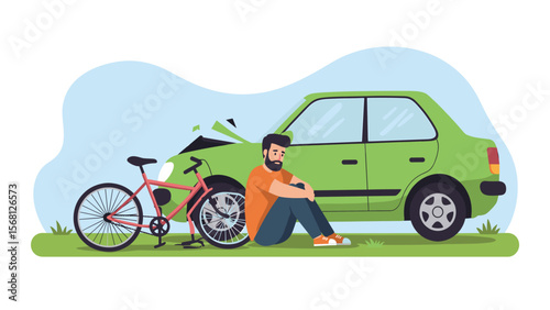 Man Sitting Near Damaged Car After Bicycle Accident